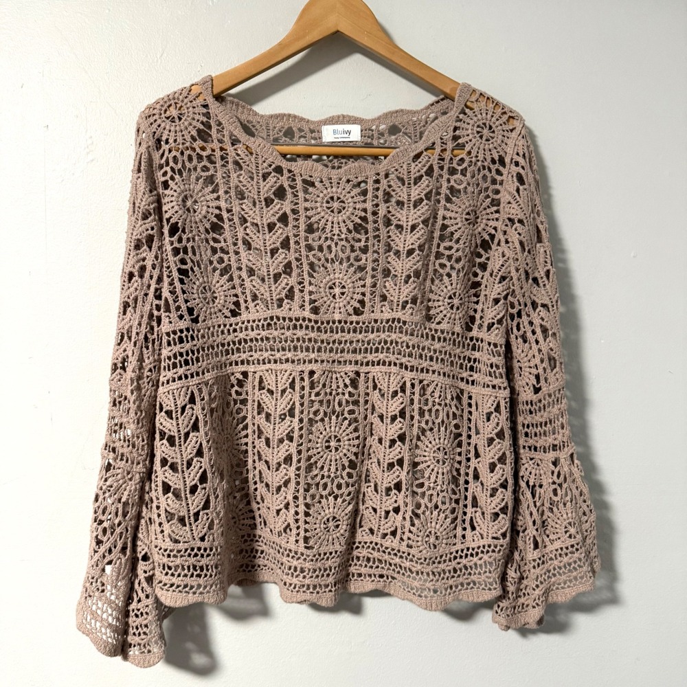 Bluivy Womens Taupe Beige Tan Crochet Lace Bell Sleeve Boho Top Floral Medallion